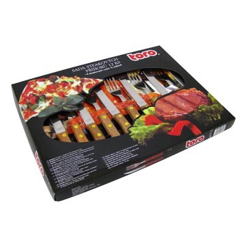 Sæt med 12 steakbestik i rustfrit stål/træ