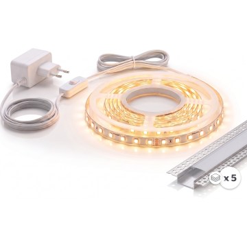 Sæt med 1x LED-stribe MYLIVING LIGHTSTRIP LED/22W/230V 5 m + 5x indbygningsprofil 1 m, sølv/hvid