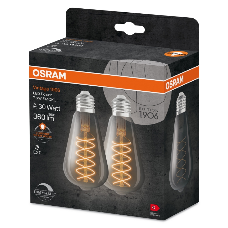 Sæt med 2 dæmpbare LED-filamentpærer E27/4,8W/230V 2200K - Osram