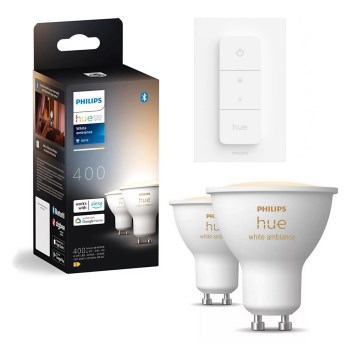 Sæt med 2 dæmpbare LED-pærer Philips Hue WHITE AMBIANCE GU10/4,2W/230V 2200-6500K + dimmer