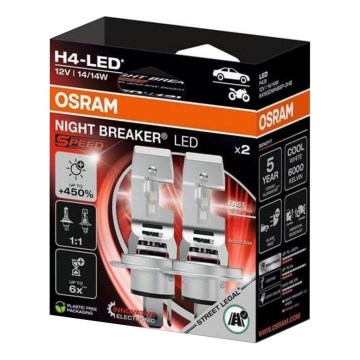 Sæt med 2 LED-bilpærer NIGHT BREAKER SPEED H4 P43T/14W/12V 6000K - Osram