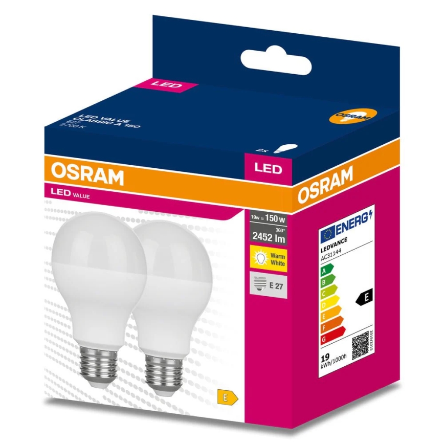 Sæt med 2 LED-pærer VALUE CLASSIC E27/19W/230V 2700K - Osram