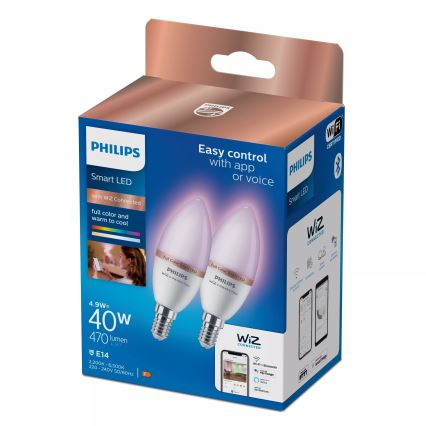 Sæt med 2 LED RGB dæmpbare pærer Philips SMART C37 E14/4,9W/230V 2200-6500K CRI 90