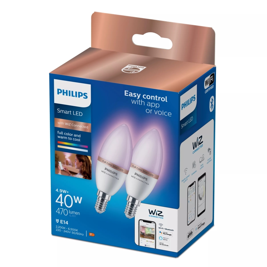 Sæt med 2 LED RGB dæmpbare pærer Philips SMART C37 E14/4,9W/230V 2200-6500K CRI 90