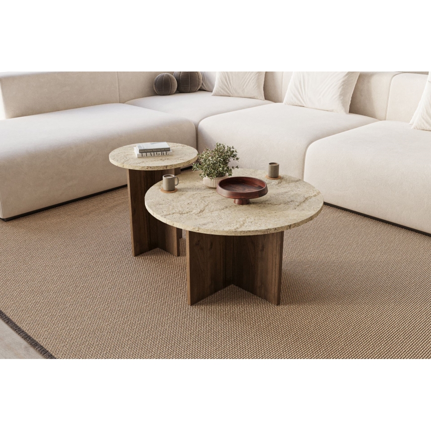 Sæt med 2 sofaborde PURO Ø 40/70 cm valnød/beige