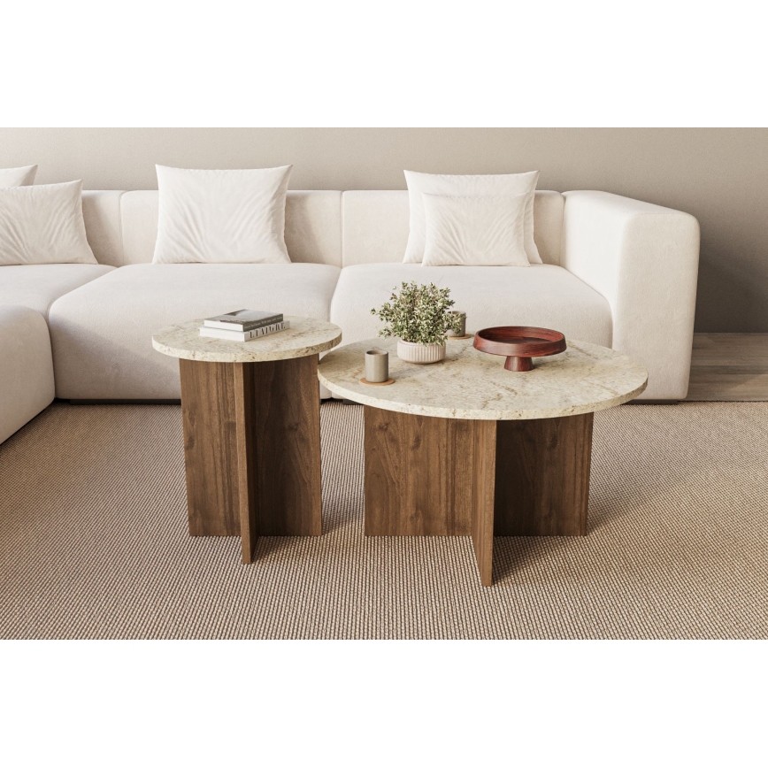Sæt med 2 sofaborde PURO Ø 40/70 cm valnød/beige