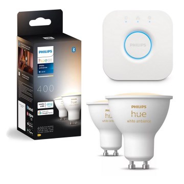 Sæt med 2 stk. LED-dæmpbare pærer Philips Hue WHITE AMBIANCE GU10/4,2W/230V 2200-6500K + Hue Bridge