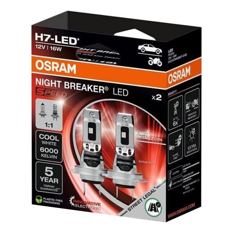 Sæt med 2 stk. LED-forlygtepærer NIGHT BREAKER SPEED H7 PX26d/16W/12V 6000K - Osram
