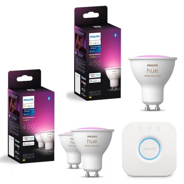 Sæt med 3 dæmpbare Philips Hue WHITE AND COLOR AMBIANCE RGBW GU10-pærer 4,2W/230V 2000-6500K + Hue Bridge