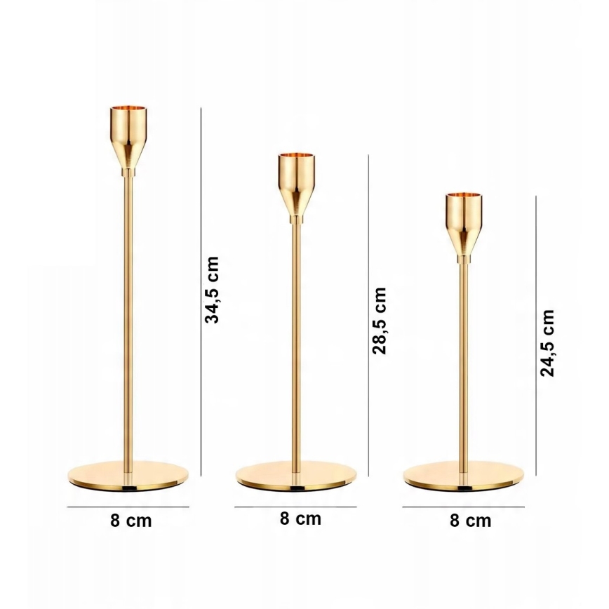 Sæt med 3 elegante lysestager i guld