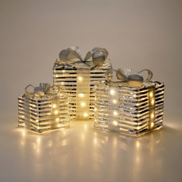 Sæt med 3 LED-juledekorationer 20xLED/2xAA + 30xLED/3xAA + 40xLED/3xAA varm hvid gaver/sølv