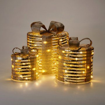 Sæt med 3 LED-juledekorationer 20xLED/2xAA + 30xLED/3xAA + 40xLED/3xAA varmhvid gaver/guld