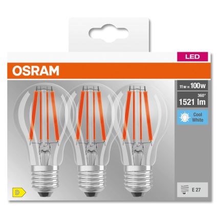 Sæt med 3 LED-pærer BASE CLASSIC FILAMENT A60 E27/11W/230V 4000K - Osram