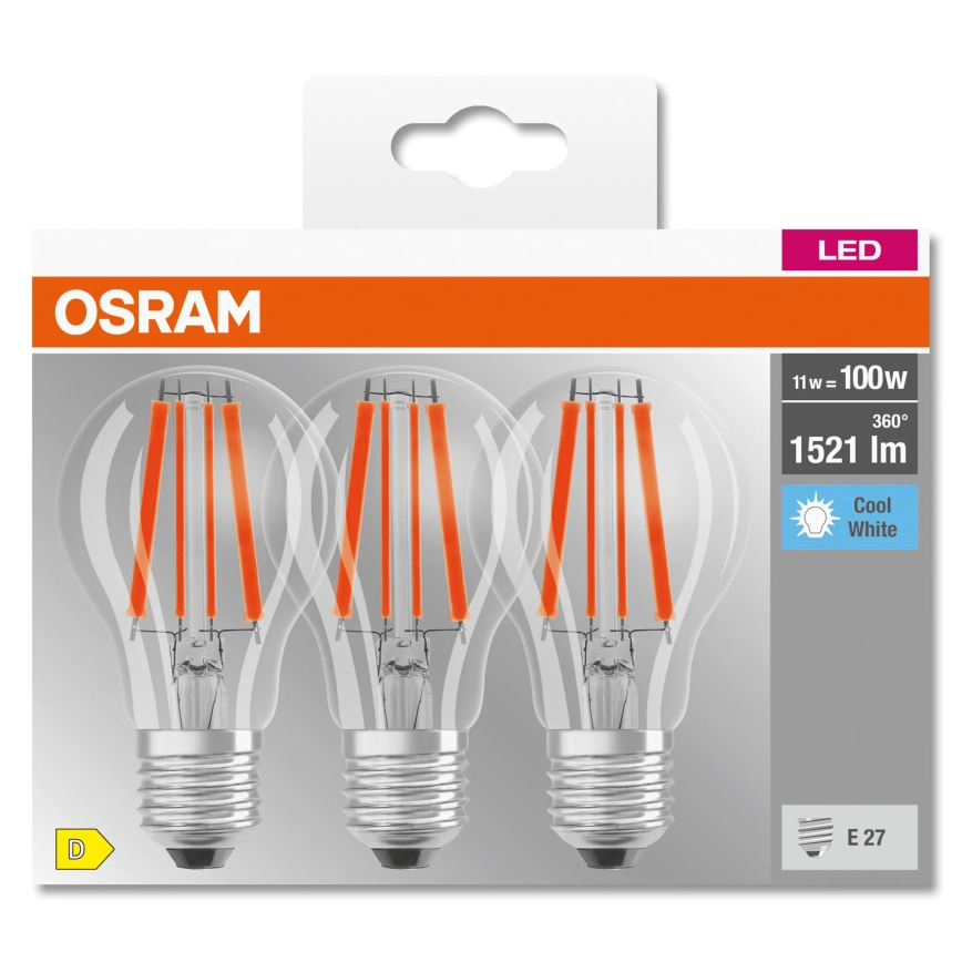 Sæt med 3 LED-pærer BASE CLASSIC FILAMENT A60 E27/11W/230V 4000K - Osram