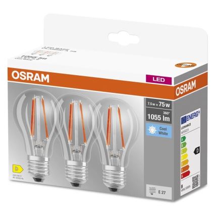 Sæt med 3 LED-pærer BASE CLASSIC FILAMENT A60 E27/7,5W/230V 4000K - Osram