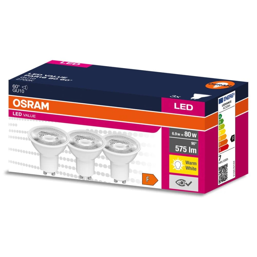 Sæt med 3 LED-reflektorpærer PAR16 GU10, 6,9 W / 230 V, 2700 K, 60° - Osram