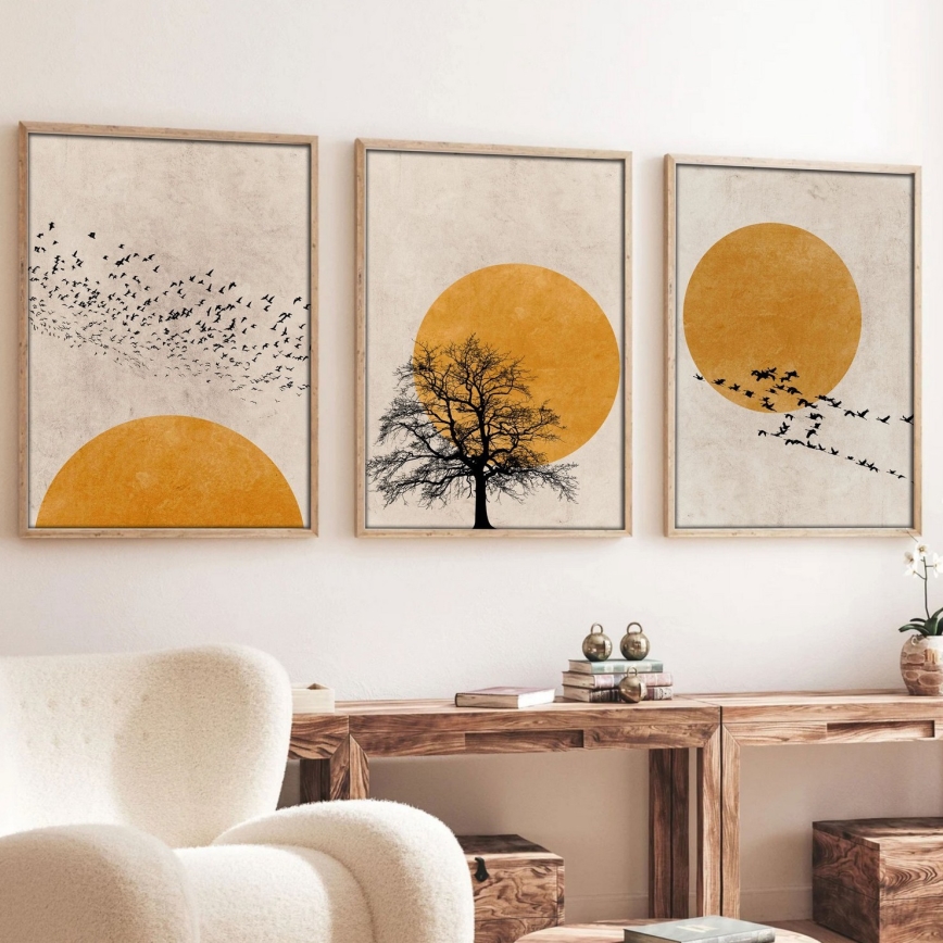SÆT MED 3 stk. billeder i fotorammer 50x70 cm beige/gul