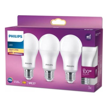 Sæt med 3 stk. Philips A60 LED-pærer, E27, 13W, 230V, 2700K
