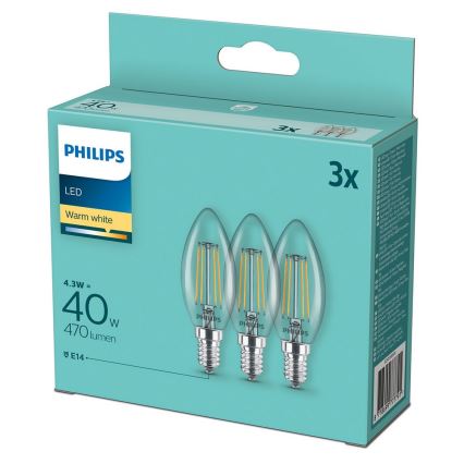 Sæt med 3 Vintage LED-pærer Philips B35 E14/4,3W/230V 2700K