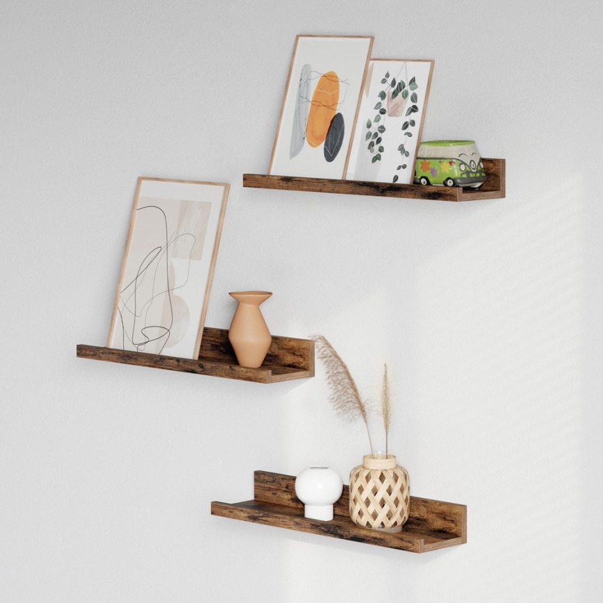 Sæt med 3 væghylder SHELFY, brun