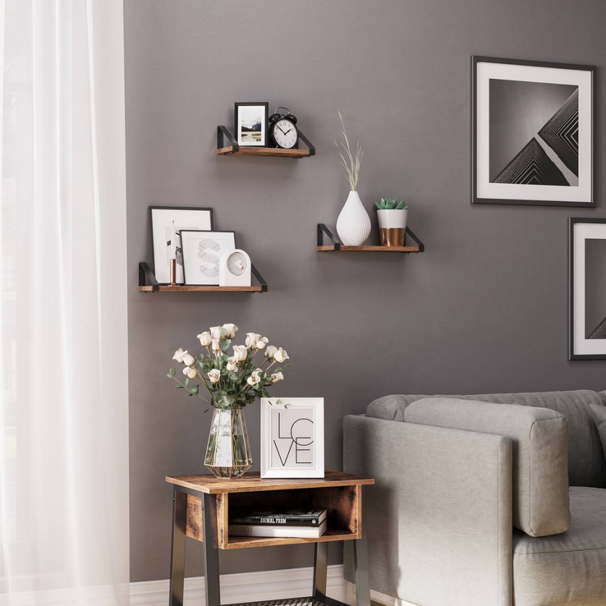 Sæt med 3 væghylder SHELFY i brun/sort
