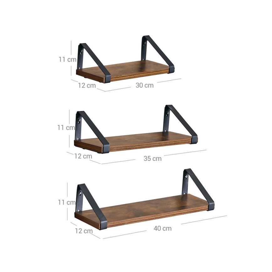 Sæt med 3 væghylder SHELFY i brun/sort