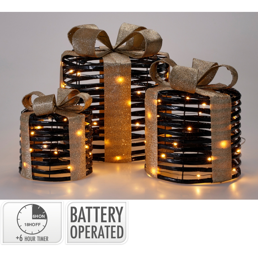 Sæt 3x LED-juledekorationer 20xLED/2xAA + 30xLED/3xAA + 40xLED/3xAA varm hvid gaver/sort