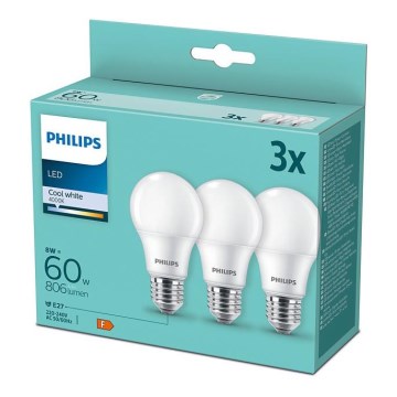 SÆT MED 3x LED-pære Philips A60 E27/8W/230V 4000K