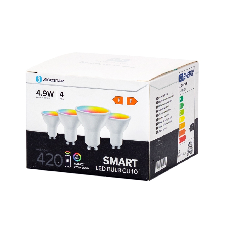 Sæt med 4 smart, dæmpbare LED RGBW GU10-pærer, 4,9 W, 230 V, 2700–6500 K - Aigostar