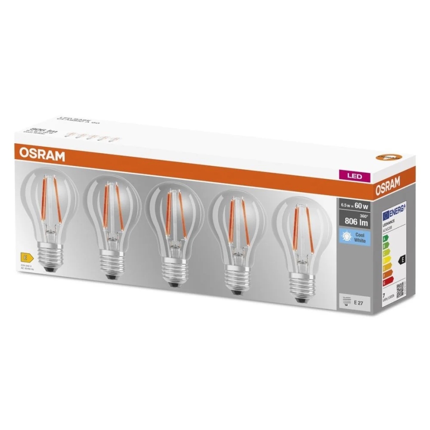 Sæt med 5 LED-pærer BASE CLASSIC FILAMENT A60 E27/7W/230V 4000K - Osram
