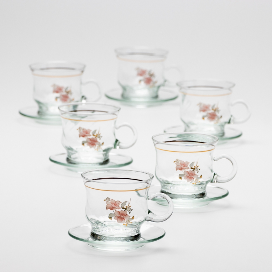 Sæt med 6 glas kopper med underkop, klar buket nr. 4
