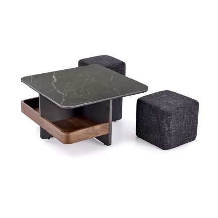SÆT Sofabord KORO 70x70 cm + 2x puf sort/brun