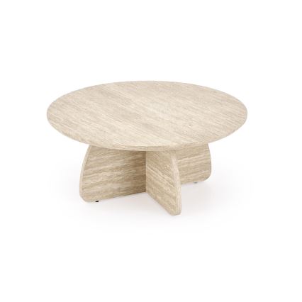 SÆT Sofabord NUGAT Ø 80 cm + 4x taburetter travertin/grå