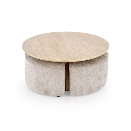 SÆT Sofabord NUGAT Ø 80 cm + 4x taburetter travertin/grå