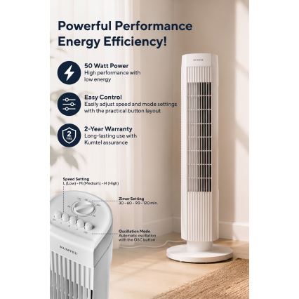 Tårnventilator 50 W/230 V 74,5 cm hvid