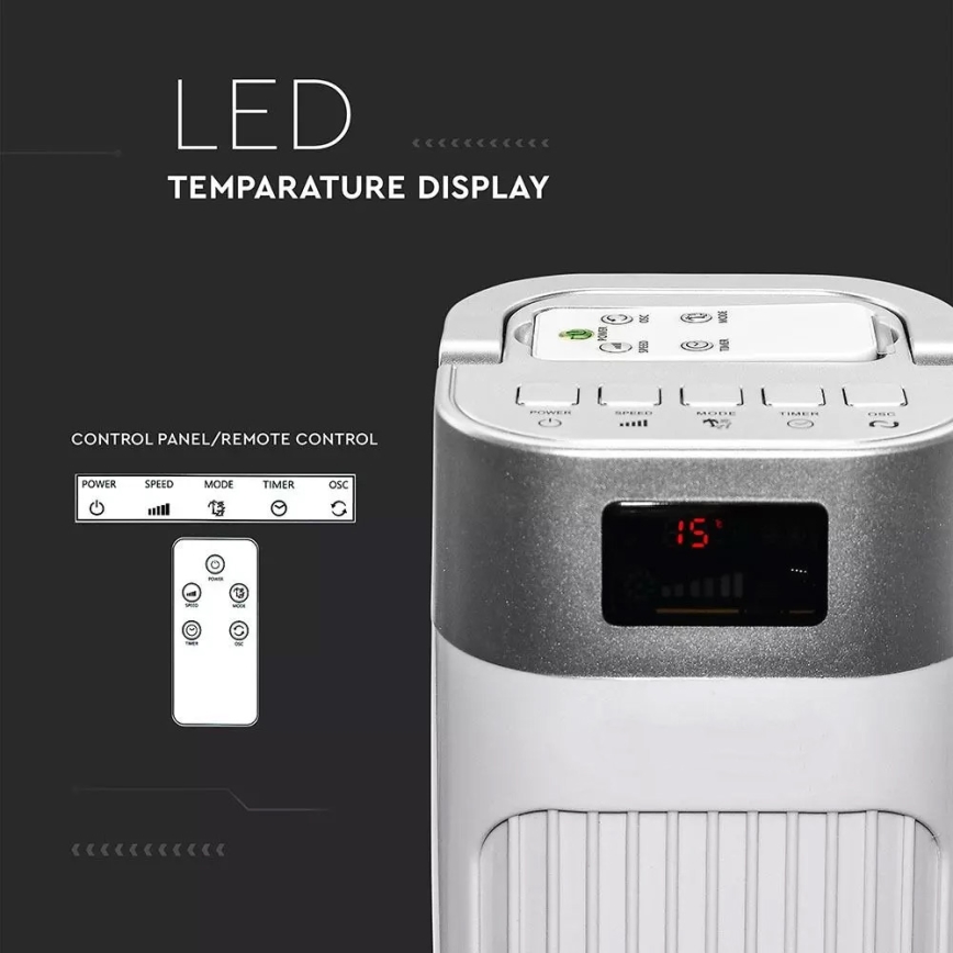 Tårnventilator med temperaturindikator og fjernbetjening 55W/230V