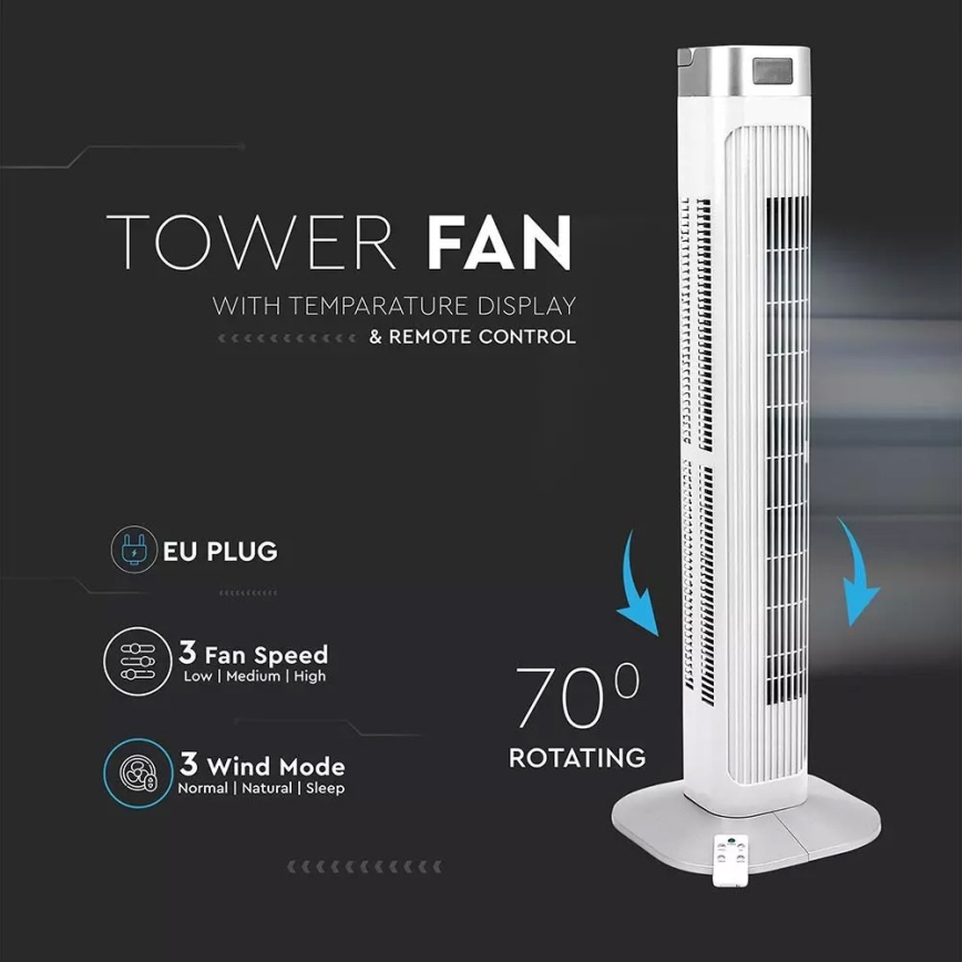Tårnventilator med temperaturindikator og fjernbetjening 55W/230V