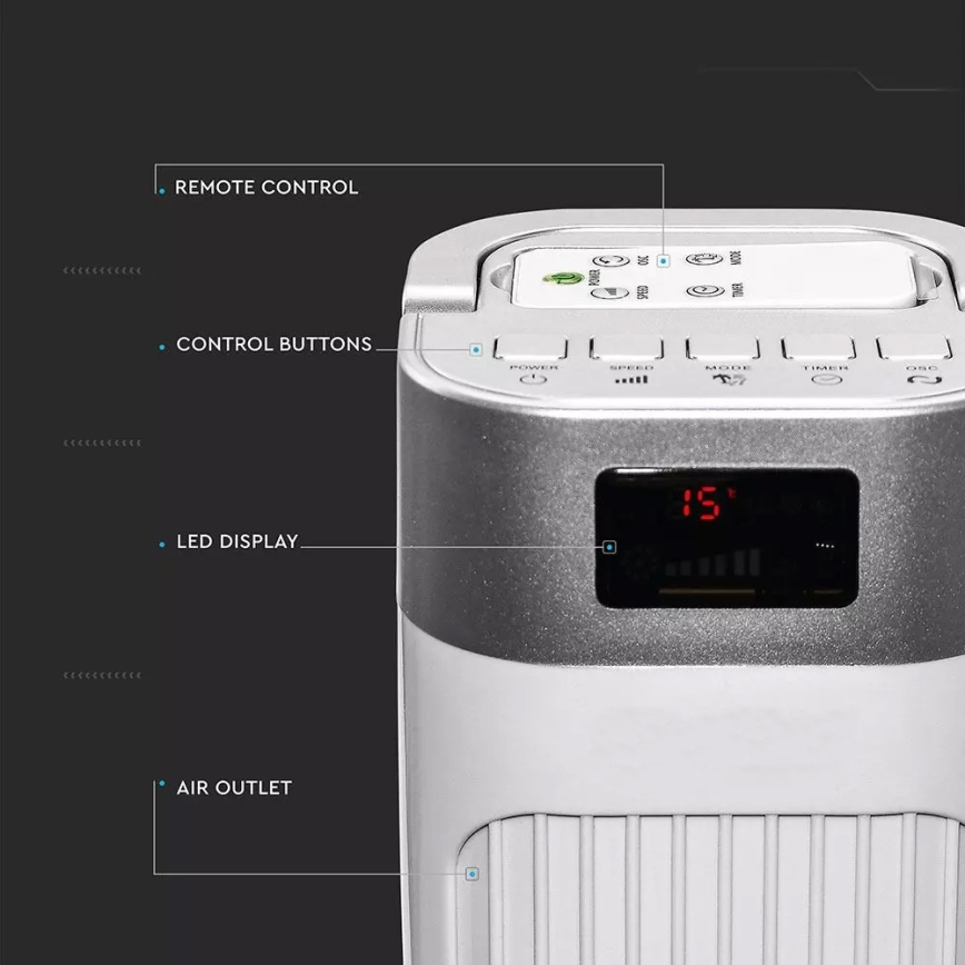 Tårnventilator med temperaturindikator og fjernbetjening 55W/230V