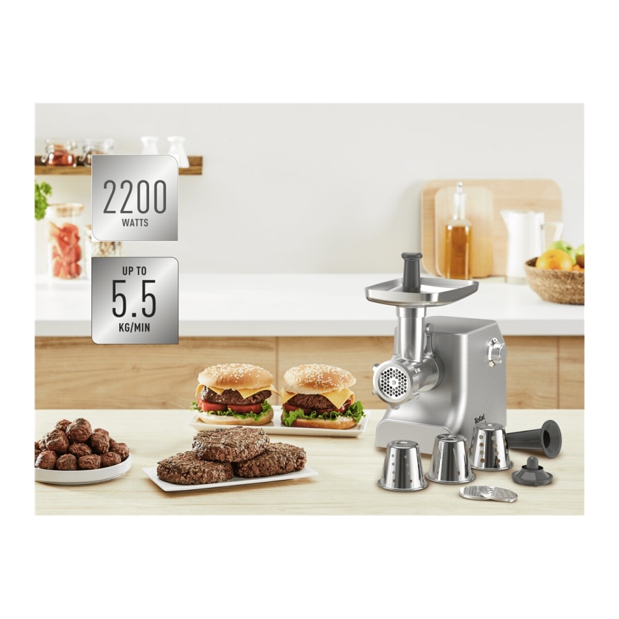 Tefal - Kødhakker 8-i-1 2200W/230V sølvfarvet
