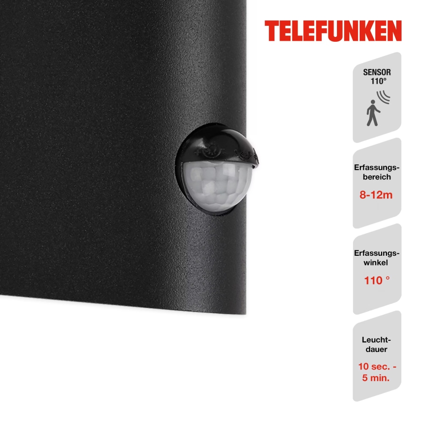 Telefunken 312505TF - Udendørs LED væglampe med sensor LED/10W/230V IP44 sort