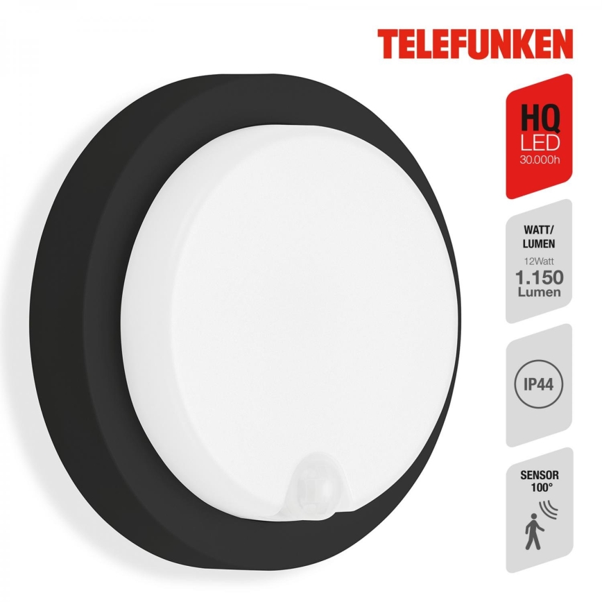 Telefunken 315305TF - Udendørs LED væglampe med sensor LED/12W/230V IP44 sort