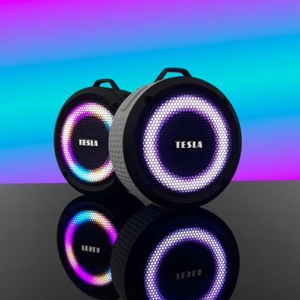 TESLA Electronics - LED højtaler m. RGB-farver trådløs 5W/1200 mAh/3,7V IPX7 grå