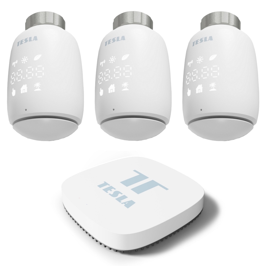 TESLA Smart - SÆT med 3x trådløse termostathoveder 2xAA + smart Zigbee Wi-Fi hub gateway
