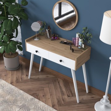 Toiletbord RANI 98,6x83,8 cm + vægmonteret spejl Ø 40 cm brun/hvid