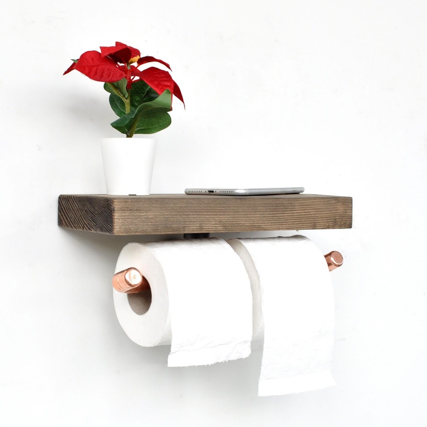 Toiletrulleholder med hylde BORU 12x30 cm gran/kobberfarvet