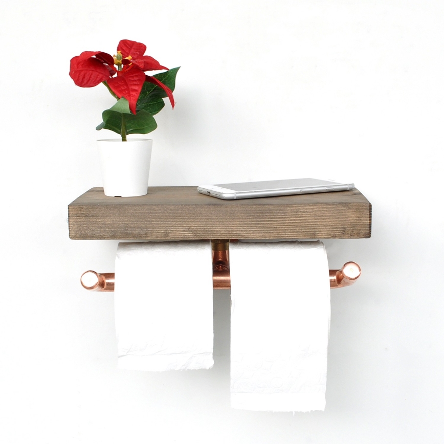 Toiletrulleholder med hylde BORU 12x30 cm gran/kobberfarvet