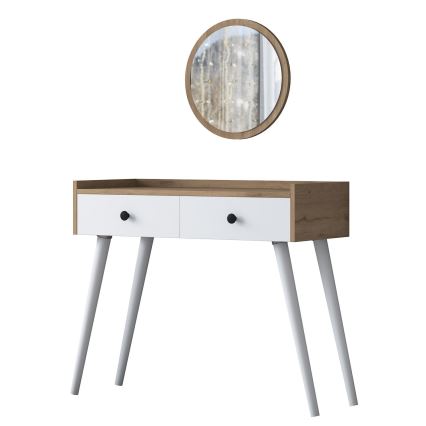 Toiletbord RANI 98,6x83,8 cm + vægmonteret spejl Ø 40 cm brun/hvid