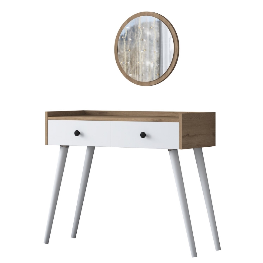 Toiletbord RANI 98,6x83,8 cm + vægmonteret spejl Ø 40 cm brun/hvid