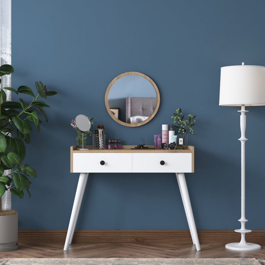 Toiletbord RANI 98,6x83,8 cm + vægmonteret spejl Ø 40 cm brun/hvid