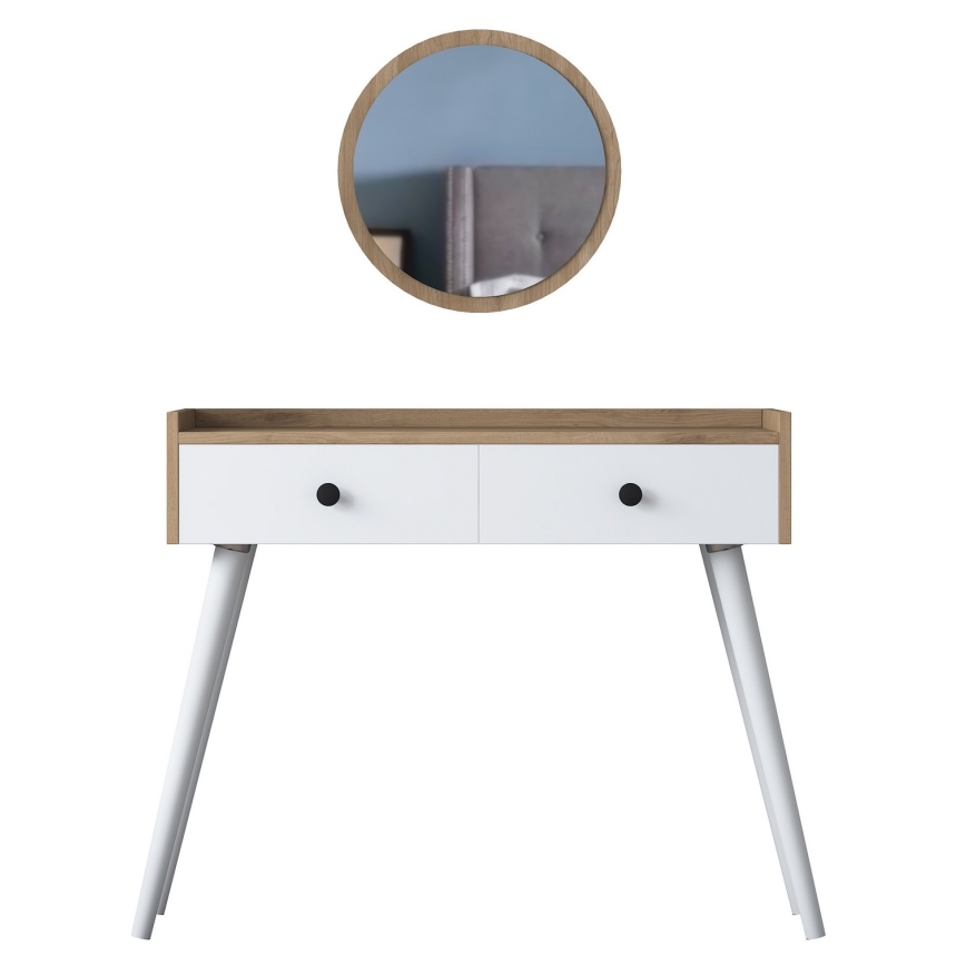Toiletbord RANI 98,6x83,8 cm + vægmonteret spejl Ø 40 cm brun/hvid